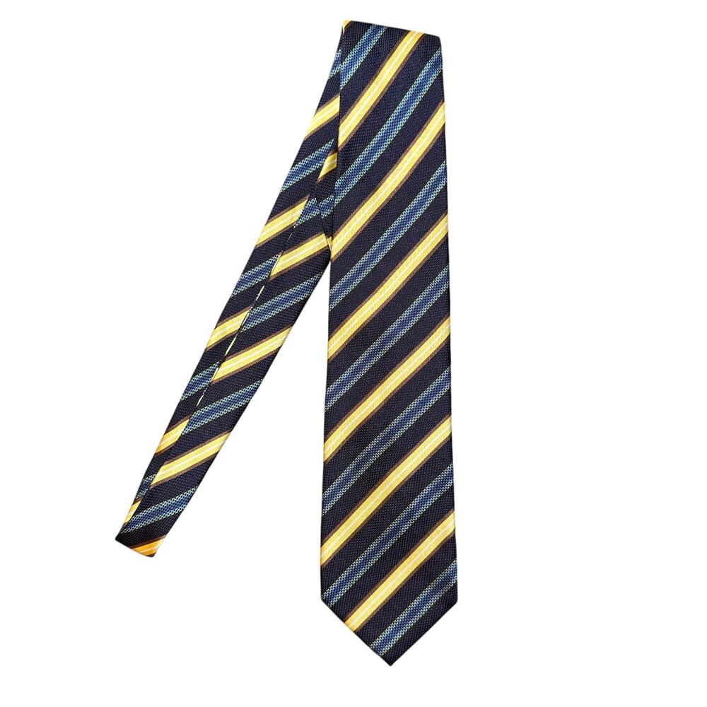Massimo Bizzocchi Silk Tie Necktie Diagonal Stripes Blue Yellow Gold Italy